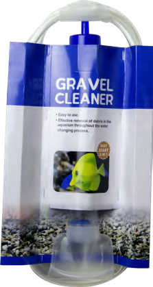 Oceanmax Fish Tank Stone And Gravel Substrate Cleaner (Retail Packaging), a clear plastic retail bag containing the small gravel cleaner, featuring a picture of a yellow tang fish and text indicating it's an easy-to-use tool for debris removal during water changes.