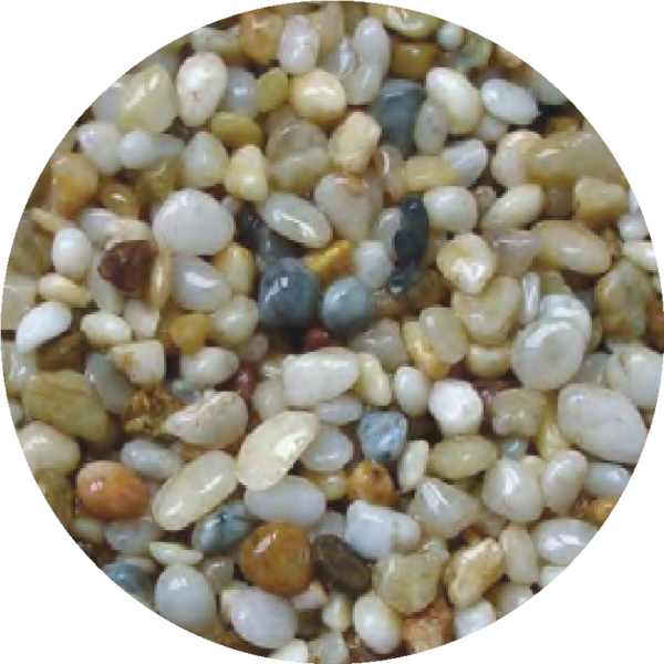 Oceanmax Tropical Creek Fish Tank Substrate, a close-up, circular image showing a mixture of small to medium, smooth, glossy, natural-colored pebbles (4-6mm stones) in shades of cream, white, gold, light brown, and gray/blue, ideal for a tropical creek aquascape.