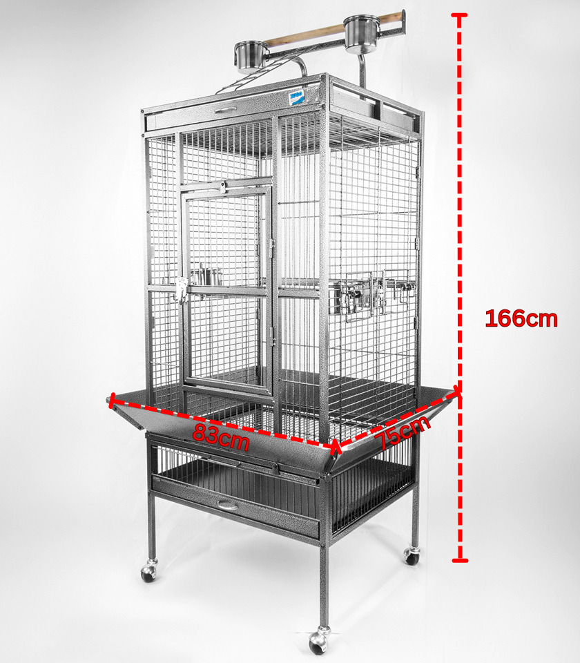Zugo Aviary 10 Bird Cage with Dimensions, a tall, rectangular, heavy-duty metal birdcage with a playtop perch, feeders, and wheels, shown with sizing overlays indicating the total height is 166cm and the base width/depth is 83cm by 75cm.