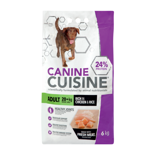 Canine Cuisine Adult dog food bag, rich in Chicken & Rice, 24% protein, formulated for medium to large dogs 20 kg and above.
