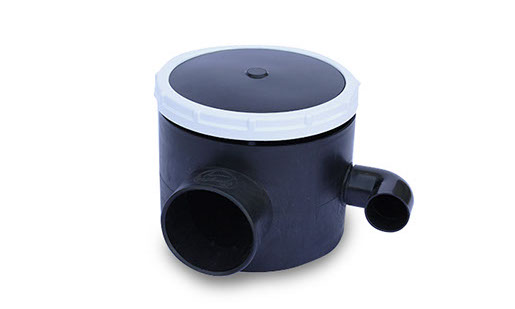 UltraZap 110mm Diffuser Bottom Drain, a black cylindrical unit with an integrated air diffuser top (white ring) and two side pipe connections.