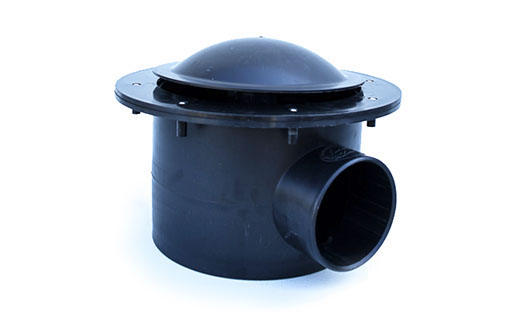 UltraZap 110mm Liner Bottom Drain. Black unit with a wide flange for securing pond liner, a dome cap, and a large side pipe connection.