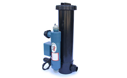 UltraZap 10L Bio Ball Filter and 15W UV Steriliser Combo. Tall black cylindrical biofilter connected to a blue UV steriliser unit, for medium-capacity ponds.