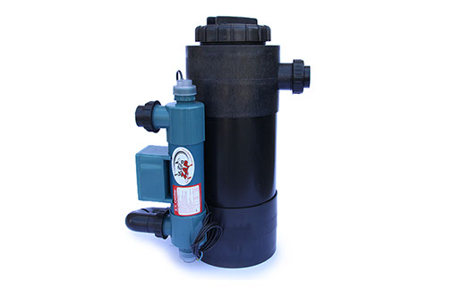 UltraZap 25L Bio Ball Filter and 15W UV Steriliser Combo. Large black cylindrical biofilter with an attached blue UV steriliser, designed for heavily stocked ponds.