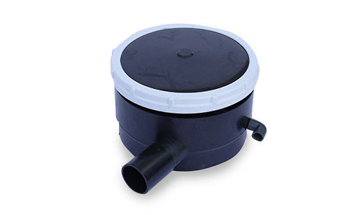 UltraZap 50mm Diffuser Bottom Drain, a black cylindrical unit with a small air diffuser top (white ring) and a large single side pipe connection.