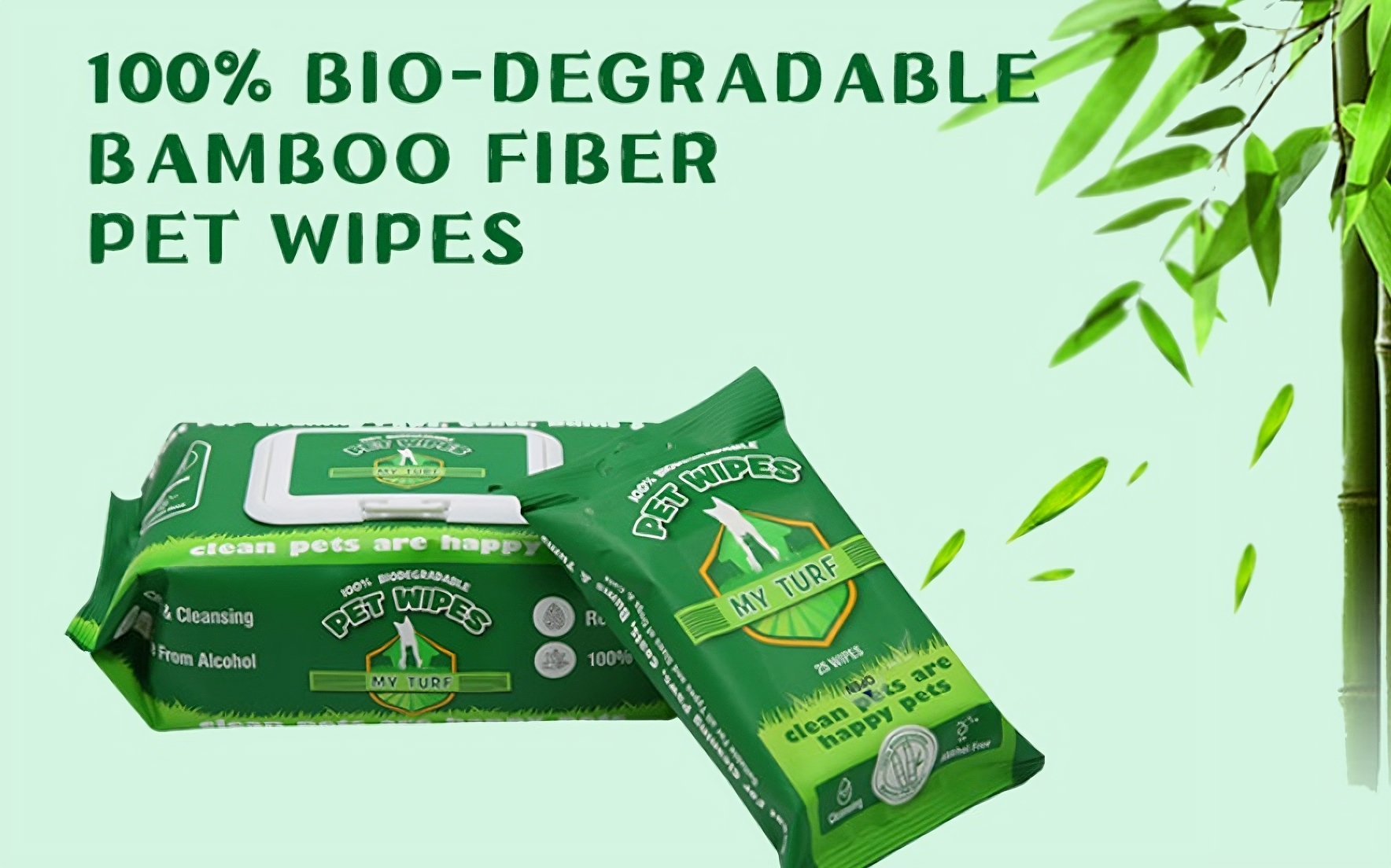 My Turf 100 Pack Unscented Pet Wipes (Green Packaging), a horizontal, green and white retail soft pack of pet wipes featuring the text "GREAT FOR CLEANING PAWS, COATS, BUMS & TUMS" and claims that the wipes are 100% Biodegradable and Alcohol Free. A close-up view of the corner highlights the claims 100 Wet Wipes, Lint Free, Cleansing, and Alcohol Free.