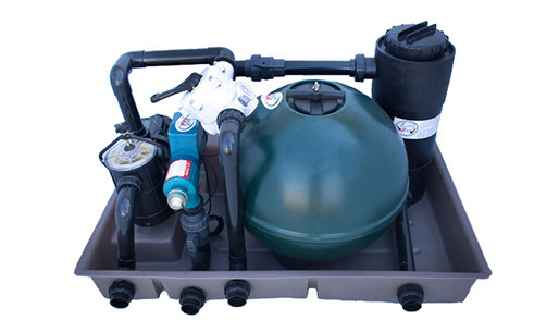 UltraZap Combibox 1 pond filtration system. A green sand filter tank, blue UV clarifier, black biofilter, and water pump, all mounted together on a rectangular base.