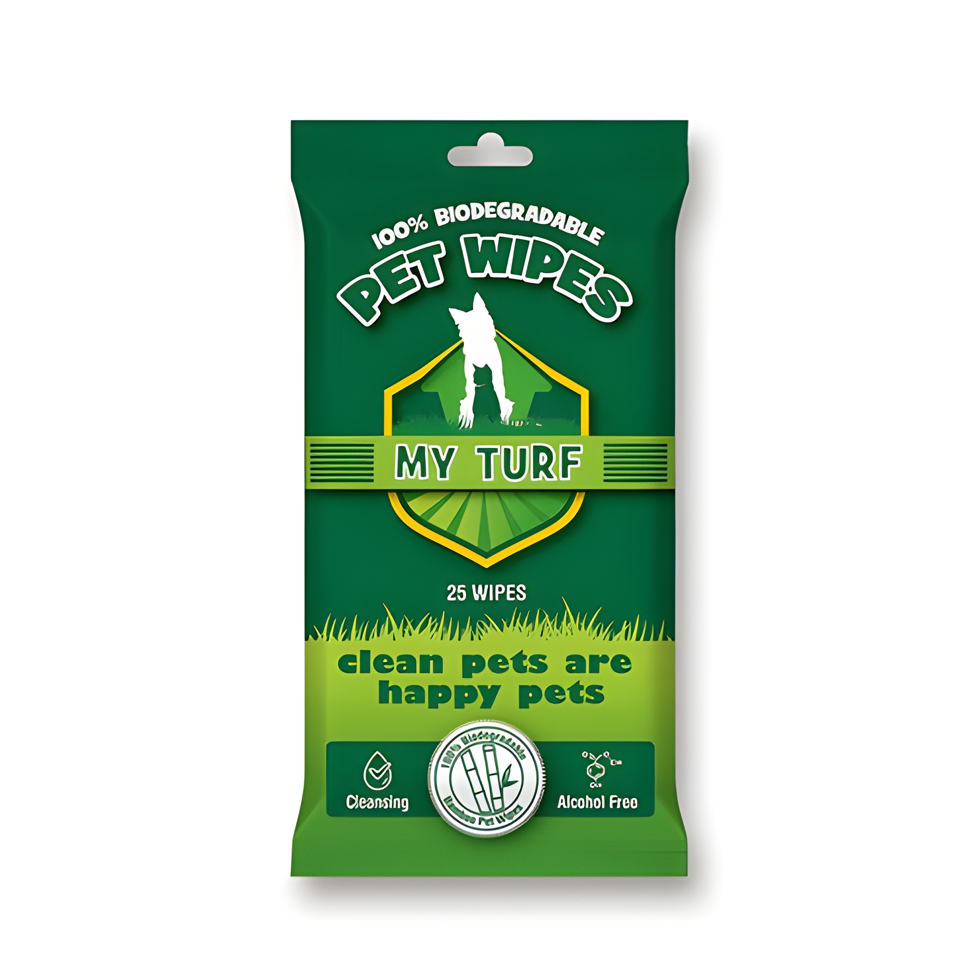 My Turf 25 Pack Unscented Pet Wipes (Green Packaging), a green and yellow retail bag of pet wipes featuring a silhouette of a dog, bold text saying "PET WIPES MY TURF," and claims that the wipes are 100% Biodegradable and Alcohol Free.
