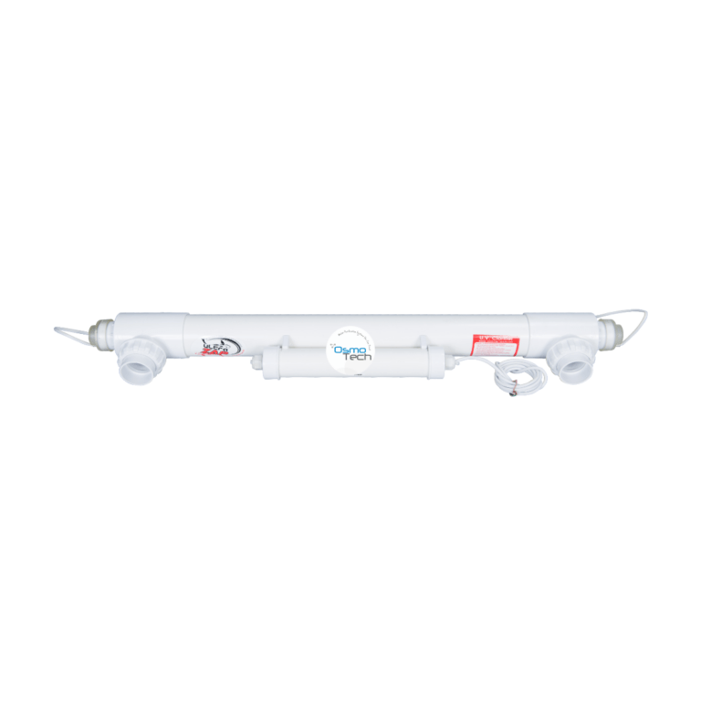 UltraZap 30W Professional Grade UV Sterilizer (White Model), a long, white, cylindrical UV unit with white end caps for hose attachment, a small central electronic tube, and a red and white label.