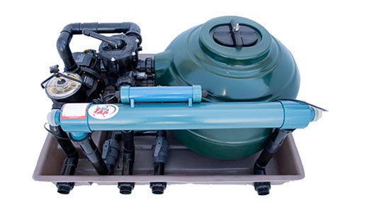 UltraZap Combibox 2 pond filtration system. A green sand filter tank, blue UV clarifier, and black water pump mounted together on a rectangular base.