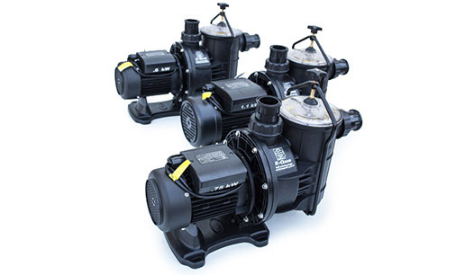 Group of three black E-Ques or UltraZap self-priming pond water pumps with black motors and clear top canisters, labeled from 0.75kW up to 1.5kW.