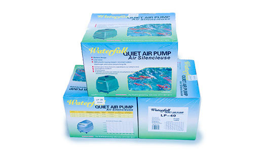 Stack of three Waterfall Quiet Air Pump boxes, showing the green and blue packaging for the LP series air pumps.