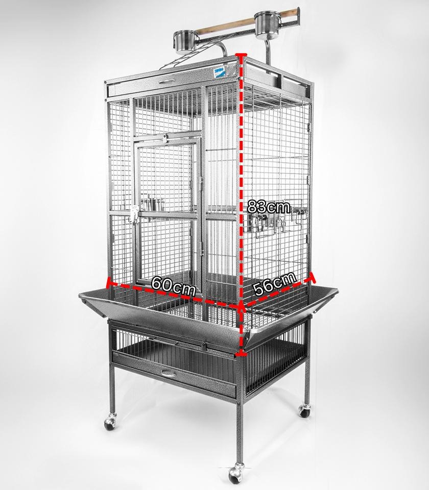 Zugo Aviary 10 Bird Cage. A tall, rectangular stainless steel cage on a rolling stand, shown with red dashed lines indicating dimensions of 83cm height, 60cm width, and 56cm depth.