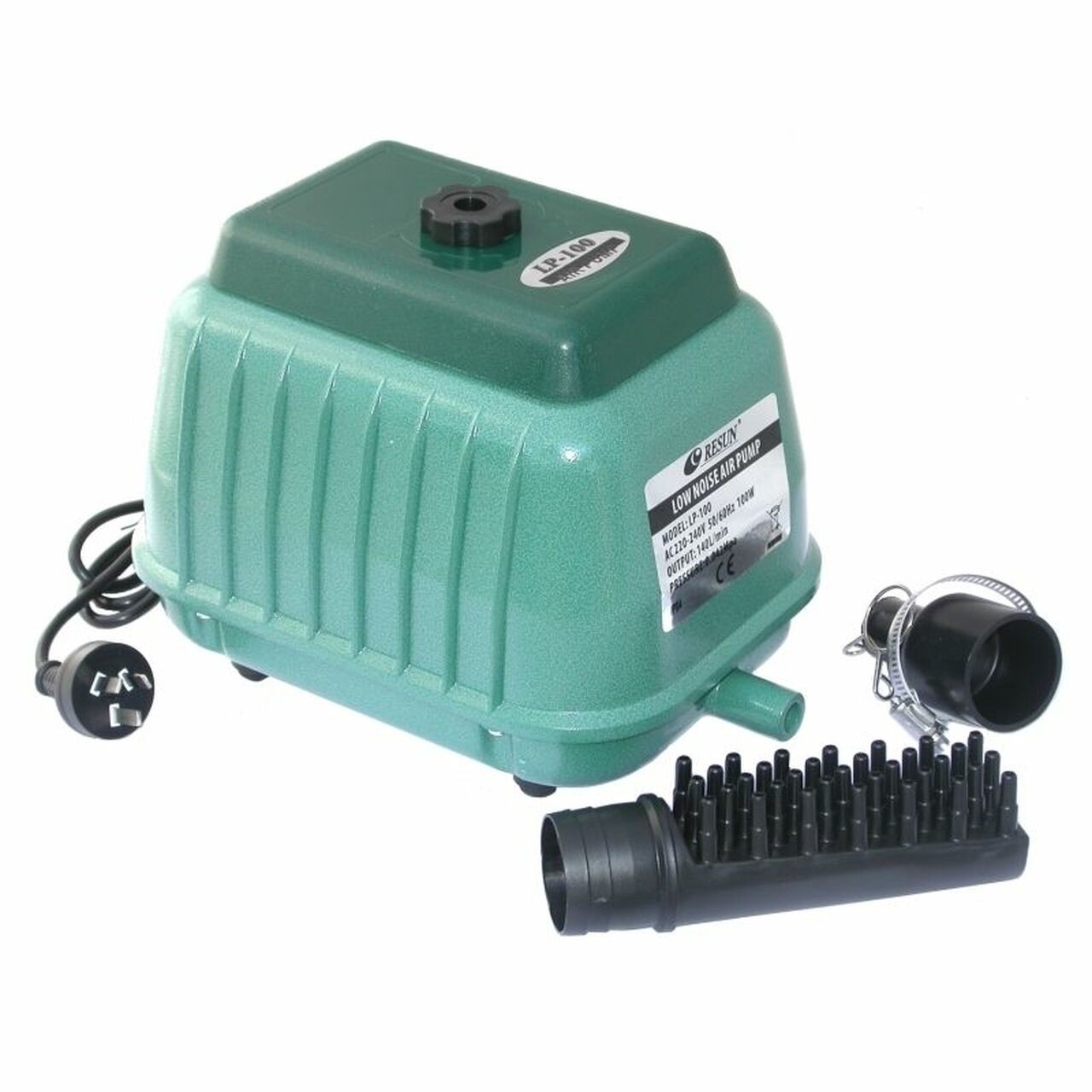 Resun LP-100 Low Noise Air Pump, a large green and black rectangular unit shown with its power cord, intake attachment, and black manifold.