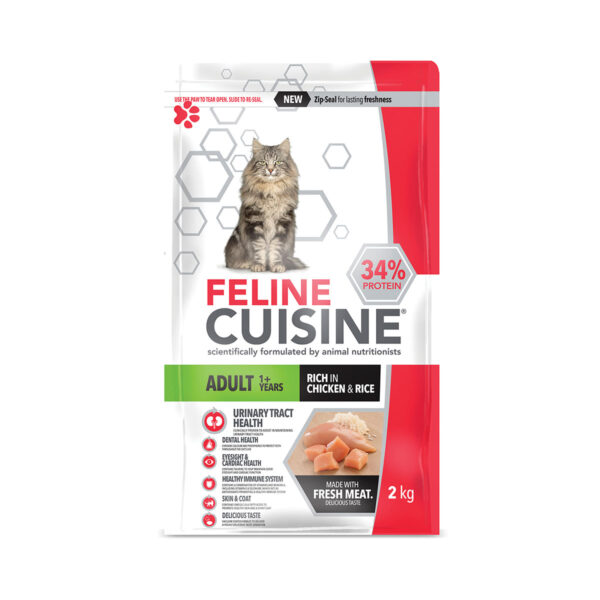 Feline Cuisine Adult Cat Food bag, Chicken & Rice flavor, featuring a gray tabby cat illustration and highlighting 34% protein.