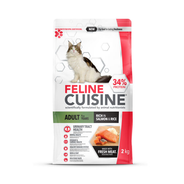 Alt Text: Feline Cuisine Adult Cat Food bag, Salmon & Rice flavor, featuring a brown and white long-haired cat illustration and highlighting 34% protein.