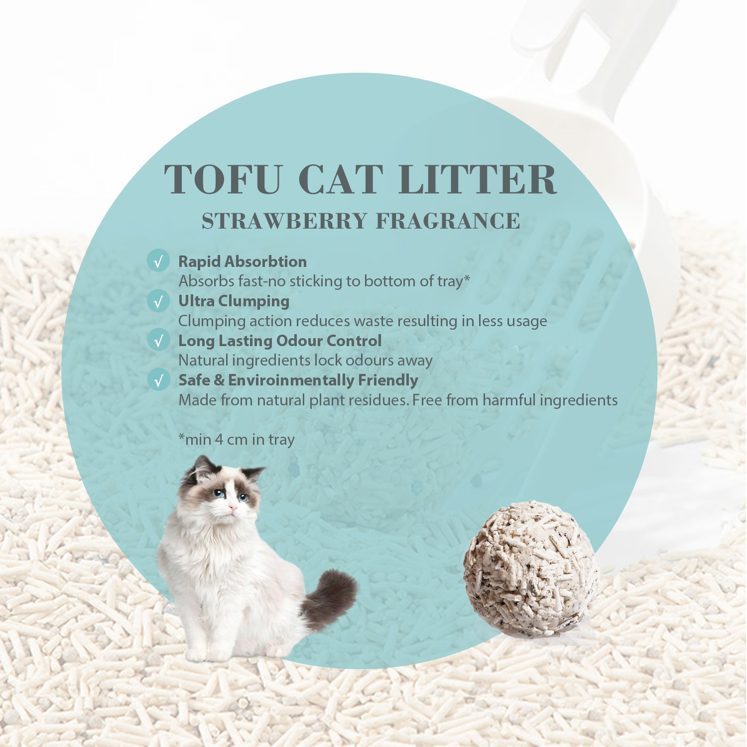 Marketing graphic for Bioline Tofu Cat Litter, Strawberry Fragrance. The image features a fluffy Ragdoll cat and a perfectly scooped litter clump against a background of tofu litter pellets. Text lists the features: 'Rapid Absorption,' 'Ultra Clumping,' 'Long Lasting Odour Control,' and 'Safe & Environmentally Friendly,' noting it's made from natural plant residues.