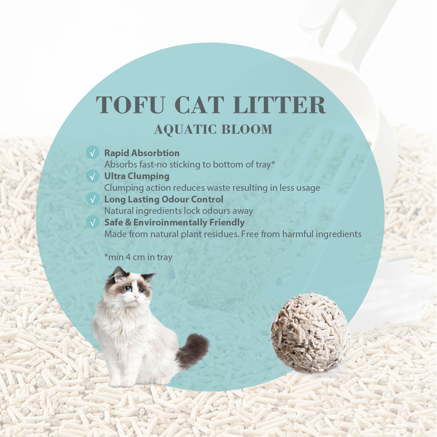 Marketing graphic for Bioline Tofu Cat Litter, Aquatic Bloom fragrance. The image features a fluffy Ragdoll cat and a perfectly scooped litter clump against a background of tofu litter pellets. Text lists the features: 'Rapid Absorption,' 'Ultra Clumping,' 'Long Lasting Odour Control,' and 'Safe & Environmentally Friendly,' noting it's made from natural plant residues.