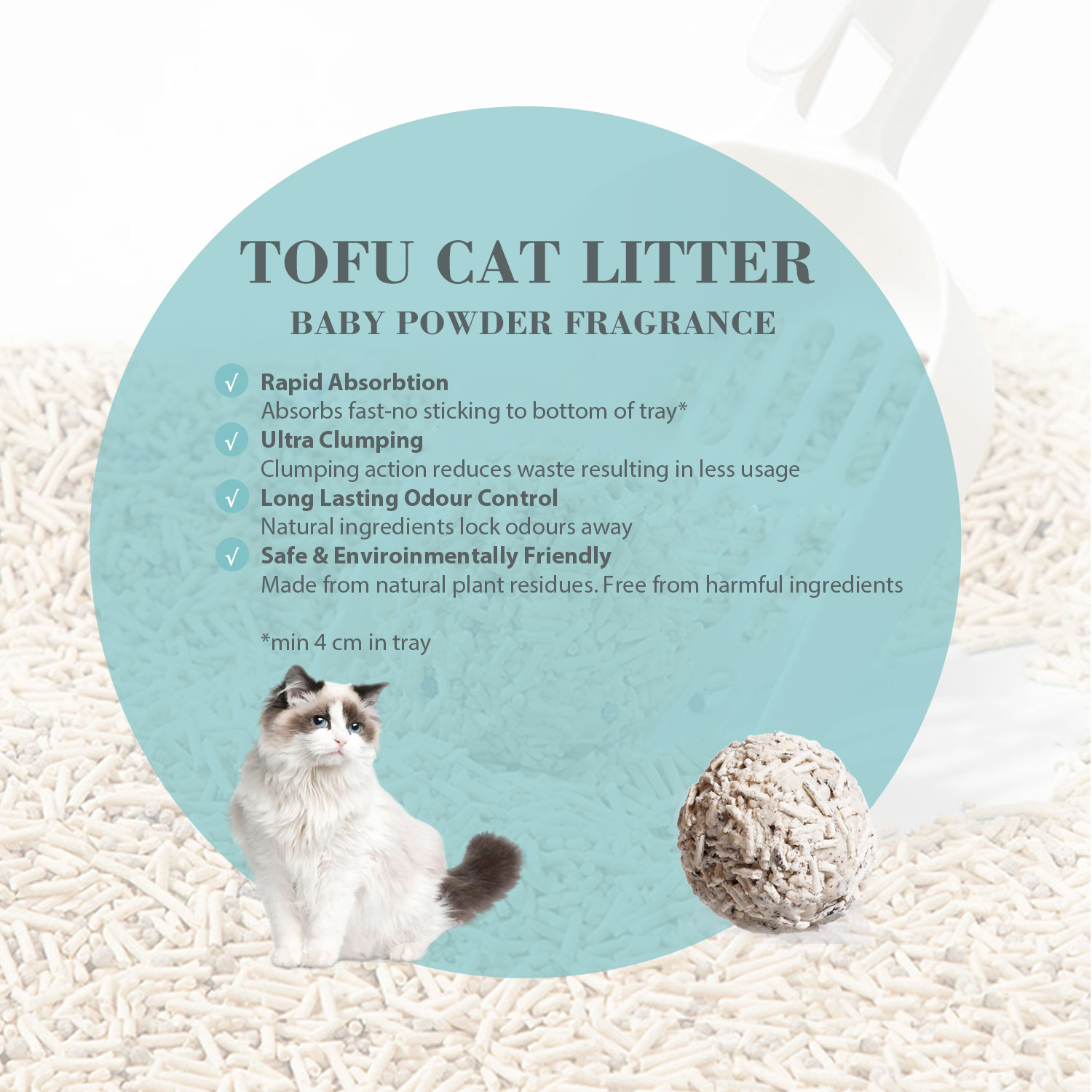 Marketing graphic for Bioline Tofu Cat Litter, Baby Powder Fragrance. The image shows a fluffy Ragdoll cat and a perfectly scooped litter clump against a background of white tofu litter pellets. Text lists the features: 'Rapid Absorption,' 'Ultra Clumping,' 'Long Lasting Odour Control,' and 'Safe & Environmentally Friendly,' noting it's made from natural plant residues.