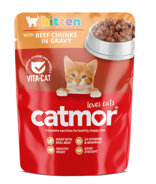 Catmor Kitten wet food pouch, Beef Chunks in Gravy flavor, featuring an illustration of an orange tabby kitten.