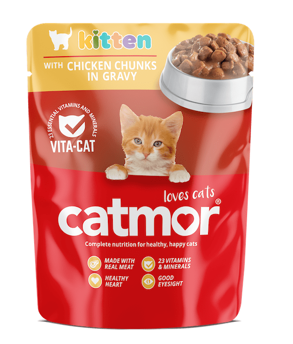 Catmor Kitten wet food pouch, Chicken Chunks in Gravy flavor, featuring an illustration of an orange tabby kitten.