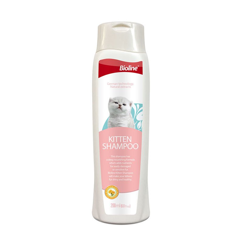 White plastic bottle of Bioline Kitten Shampoo, 200ml size, featuring a picture of a white kitten on the label.