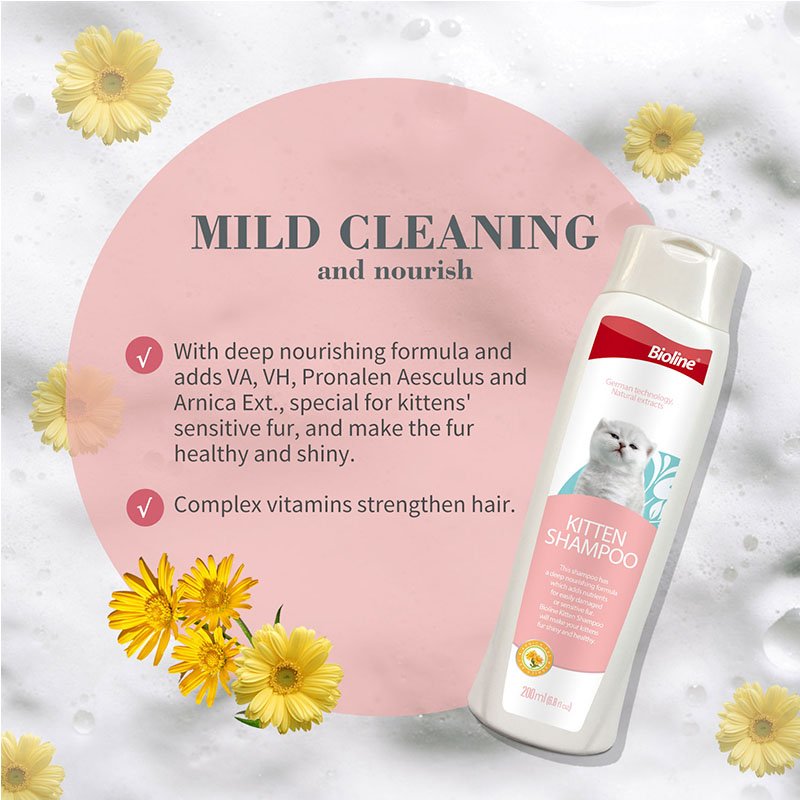 Promotional graphic for Bioline Kitten Shampoo titled 'MILD CLEANING and nourish' listing two benefits: "deep nourishing formula with VA, VH, Pronalen Aesculus and Arnica Ext., special for kittens' sensitive fur," and "Complex vitamins strengthen hair."