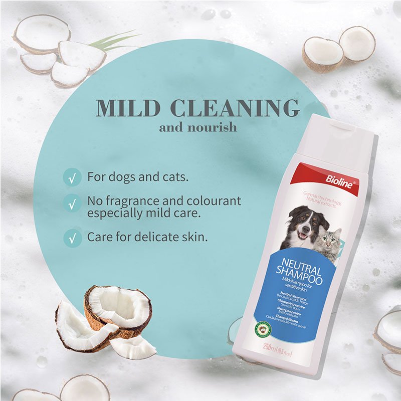Infographic promoting Bioline Neutral Shampoo with checks for: 'For dogs and cats,' 'No fragrance and colourant,' and 'Care for delicate skin.' The bottle is shown with coconut fragments around it.