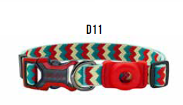 Dog collar, featuring a colorful zig-zag pattern in red, teal, and cream, with red and black plastic buckles, and a red circular AirTag holder.
