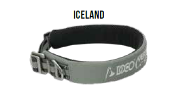 Doco Vertex Reflective Ultralight Mesh Dog Collar, model Iceland. A wide, gray collar with a black inner padding and silver metal adjustment buckles.