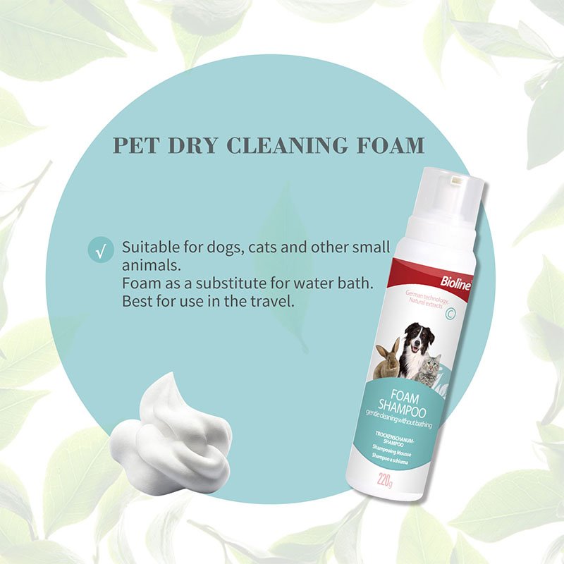 Promotional graphic for Bioline Foam Shampoo titled 'PET DRY CLEANING FOAM' listing benefits such as "Suitable for dogs, cats and other small animals," "Foam as a substitute for water bath," and "Best for use in the travel."