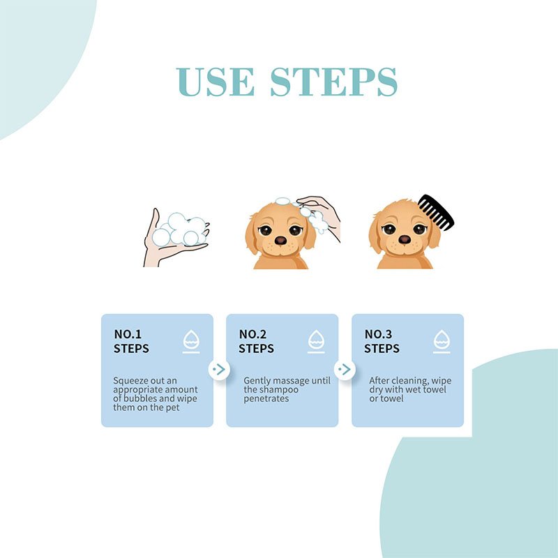 Infographic titled 'USE STEPS' with three cartoon dog illustrations showing the process: 1) squeezing out foam, 2) gently massaging the foam into the pet, and 3) wiping dry with a towel.