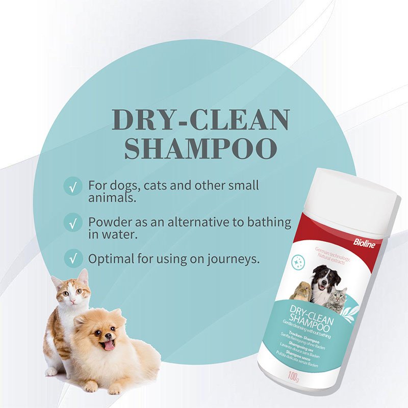 Promotional graphic for Bioline Dry-Clean Shampoo listing three benefits: "For dogs, cats and other small animals," "Powder as an alternative to bathing in water," and "Optimal for using on journeys," shown with a white cat and a Pomeranian dog.