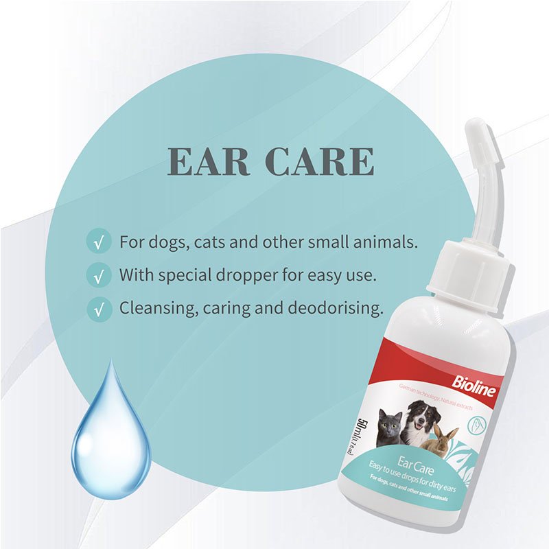 Product advertisement for Bioline Ear Care drops (50 ml), showing the bottle against a large blue bubble background. The text highlights the product benefits: For dogs, cats and other small animals, With special dropper for easy use, and Cleansing, caring and deodorising. A large water drop graphic is also included.