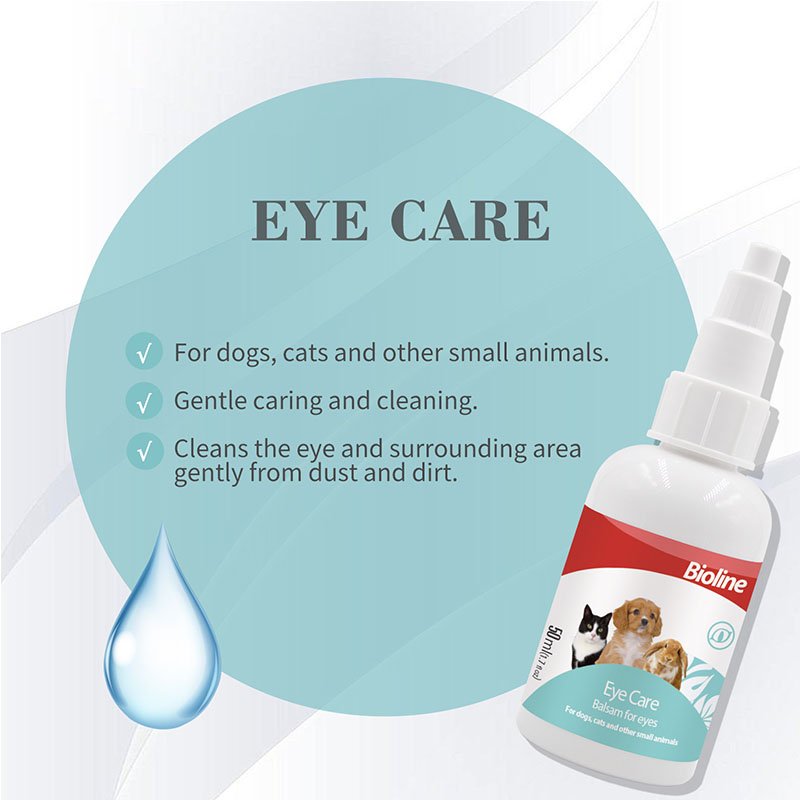 Product advertisement for Bioline Eye Care drops (50 ml) showing the bottle against a large blue bubble background. The text highlights the product benefits: For dogs, cats, and other small animals. Gentle caring and cleaning. Cleans the eye and surrounding area gently from dust and dirt. care02