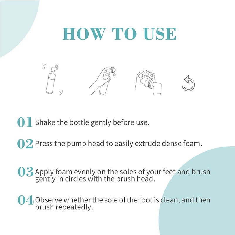 This instructional graphic, titled "HOW TO USE," outlines four steps for applying the paw cleaning foam. The steps are: (01) Shake the bottle gently before use; (02) Press the pump head to easily extrude dense foam; (03) Apply foam evenly on the soles of your feet and brush gently in circles with the brush head; and (04) Observe whether the sole of the foot is clean, and then brush repeatedly.