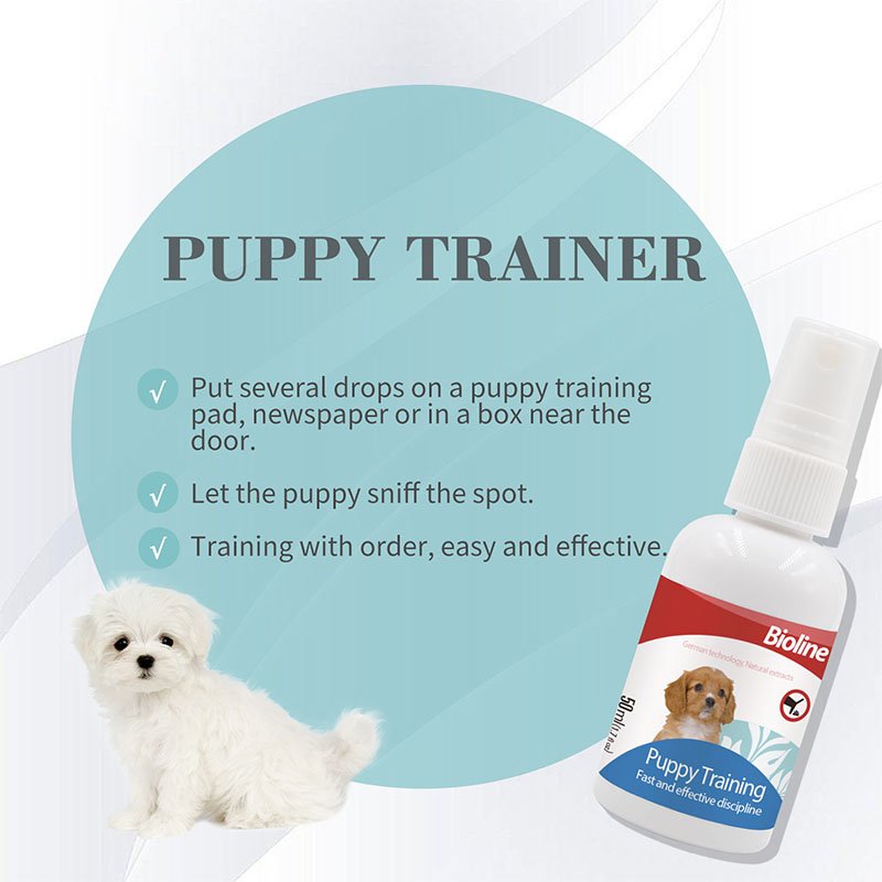 Marketing image for Puppy Trainer spray. It shows a small white Maltese puppy and the product bottle. Text overlaid on a blue circle explains the usage: 'Put several drops on a puppy training pad, newspaper or in a box near the door. Let the puppy sniff the spot. Training with order, easy and effective'.