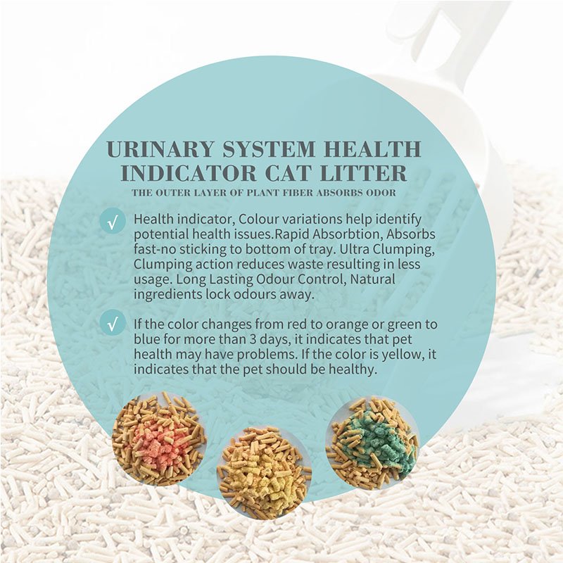 Marketing graphic for Bioline Health Indicator Cat Litter. Text details that 'Colour variations help identify potential health issues' and describes how color changes from yellow to red, orange, or green/blue can indicate health problems. Three close-up piles of litter show examples of the colors: yellow (healthy), red, and green/blue (potential issues).