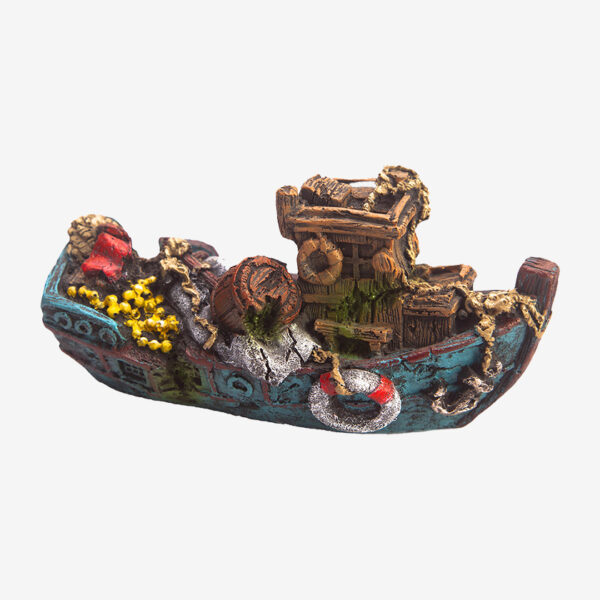 Lost Voyage Shipwreck aquarium decoration, a detailed blue and red resin shipwreck with weathered textures and coral accents, 13.5 cm long.