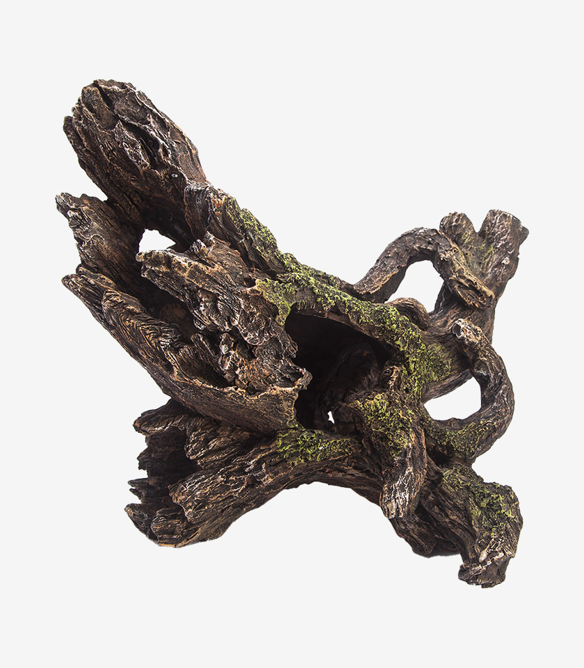 Twisted Timber I aquarium decoration, a gnarled piece of twisted wood with intricate bark textures and patches of green moss.