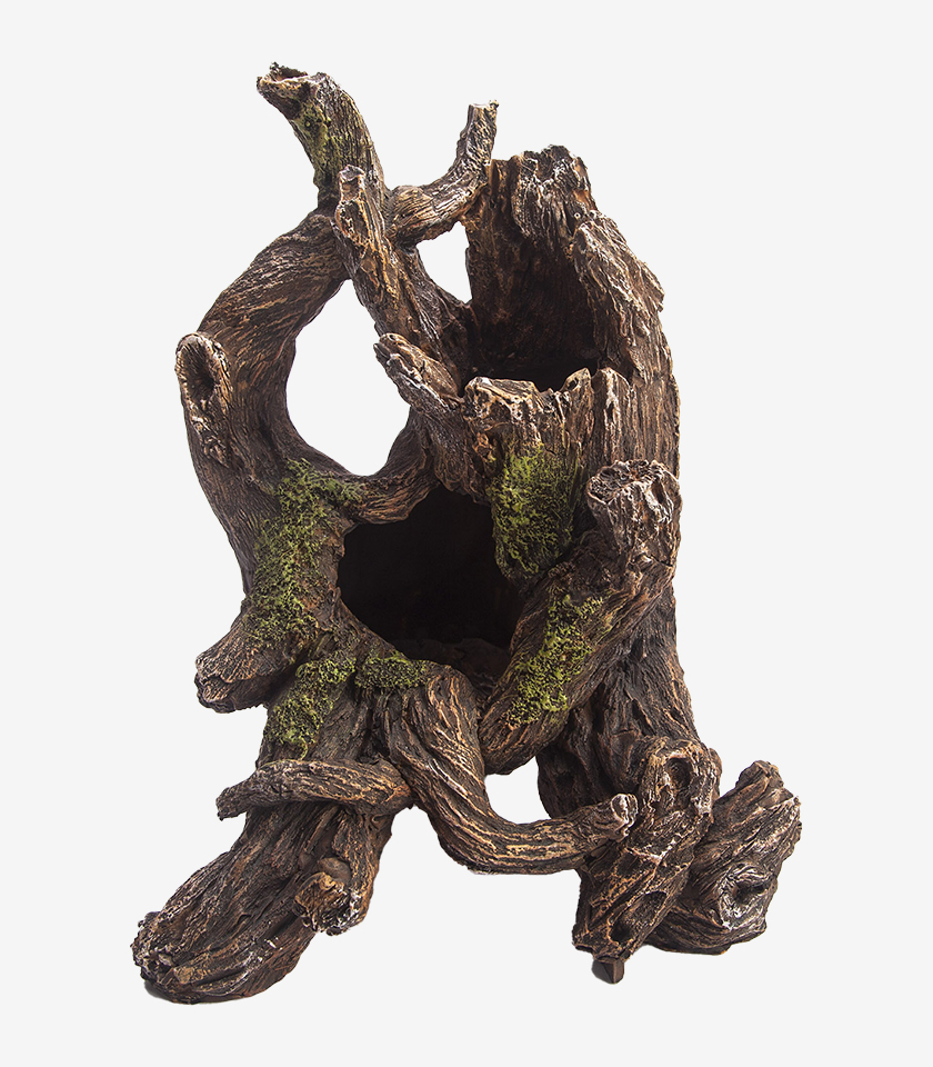 Twisted Timber II aquarium decoration, a large hollowed-out piece of gnarled wood with realistic textures and patches of green moss.