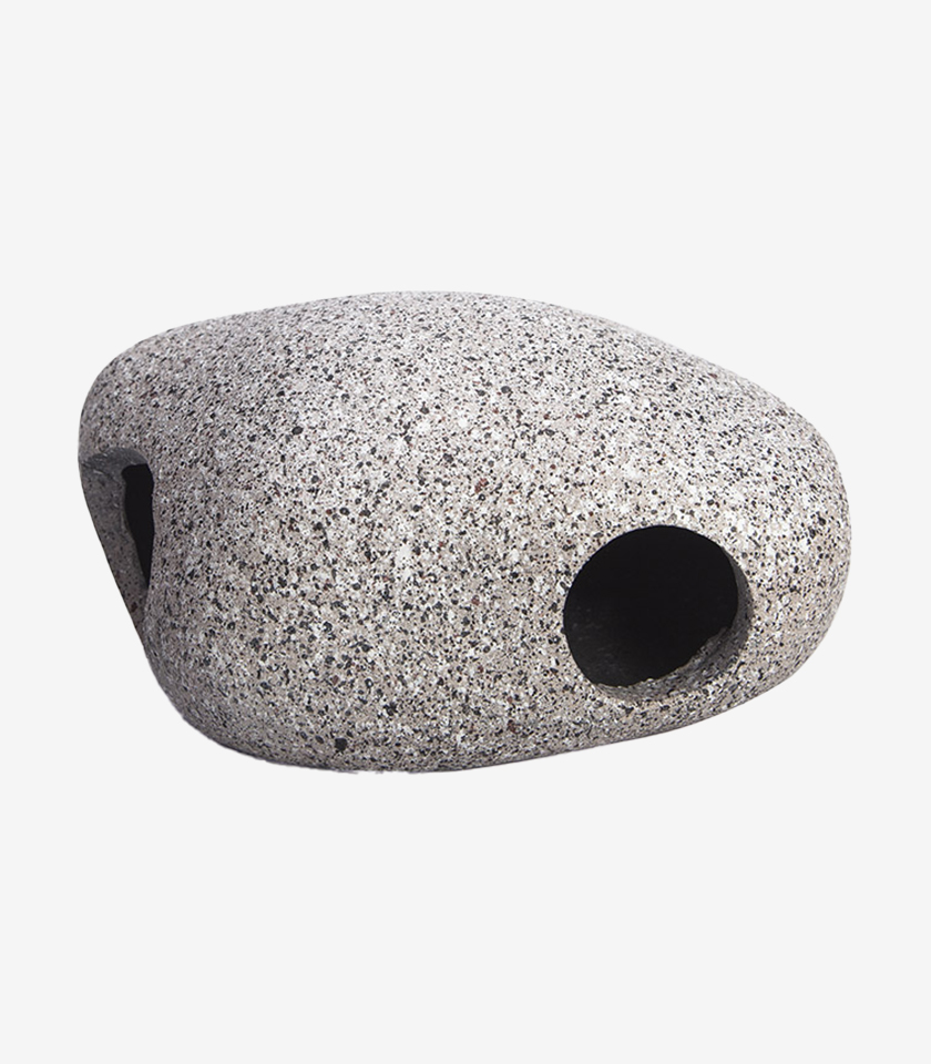 Mono Stone Hideaway aquarium decoration, a smooth gray stone with a speckled granite-like texture and two hideaway holes.