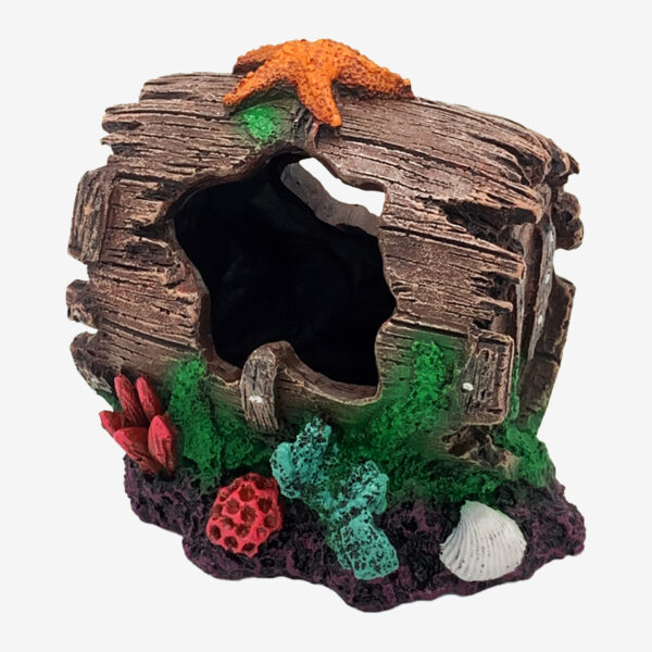 Barrel Oasis Aquarium Decoration, a hollow, rustic barrel with a starfish, seashell, and colorful coral.