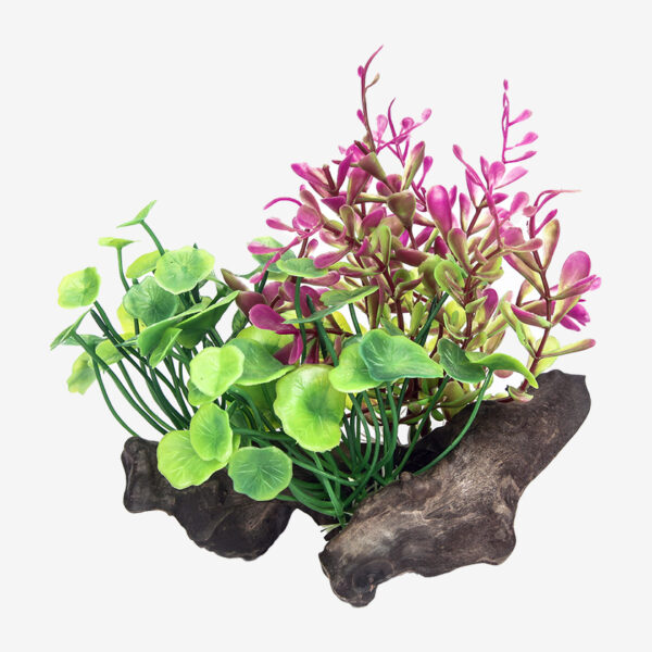 Timber Garden aquarium ornament, a piece of weathered wood with a cluster of bright green and purple plants.