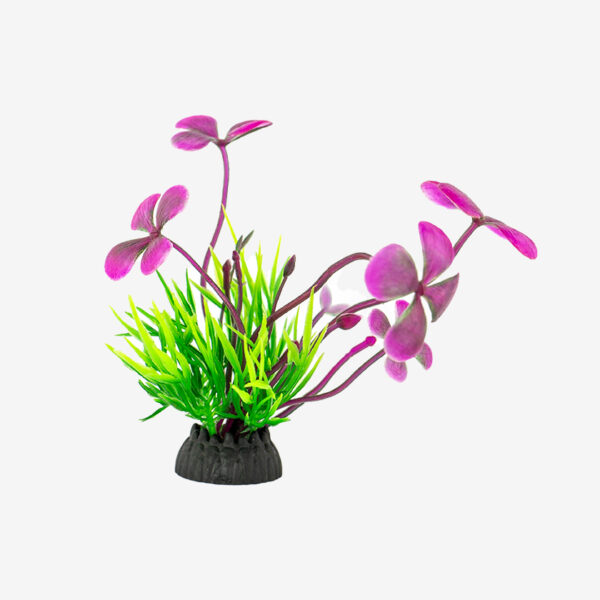 Pink Blossom Bush Small aquarium ornament, a small decorative plant with pink blossoms and green grass blades.