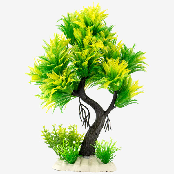Ferny Green Shrub Tree aquarium ornament, a decorative tree with a gnarled trunk and a canopy of feathery yellow and green leaves.