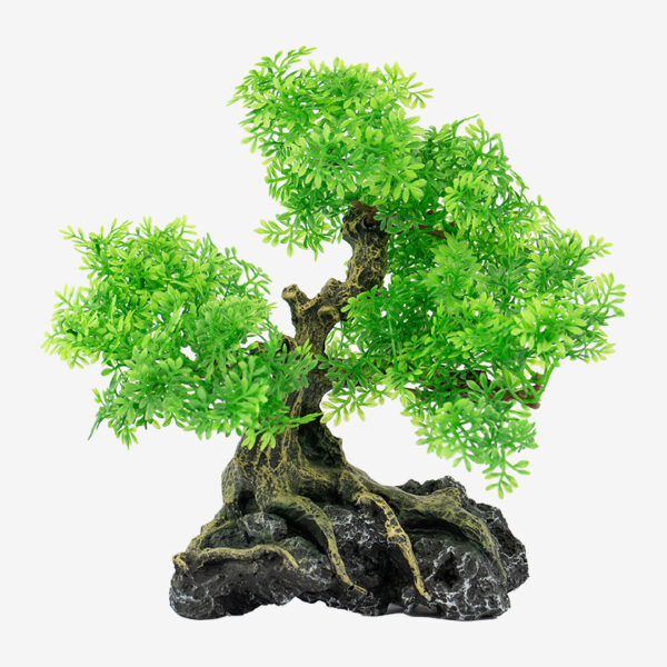 Bonsai Tree aquarium ornament, a realistic bonsai tree with a twisted trunk and exposed roots on a rock.