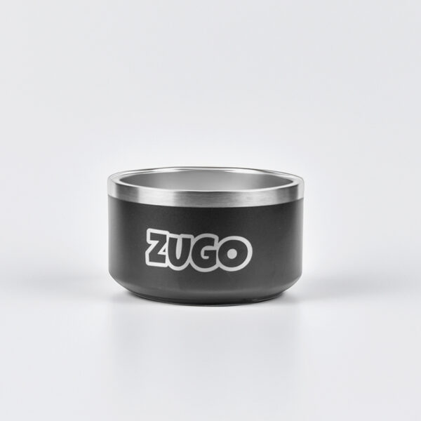 ZuBowl Stainless Steel Bowl 18oz, a small black and silver stainless steel pet bowl with the word ZUGO in silver letters on the side.
