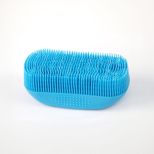 Massage Dog Brush, a blue massage brush with long, flexible bristles that is oval-shaped.