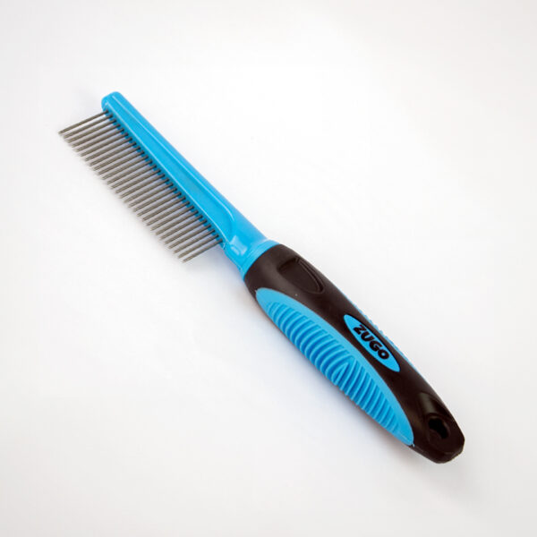 29 Pin Dog Grooming Comb, a blue and black grooming comb with a row of silver metal pins that has the word ZUGO in blue letters on the handle.